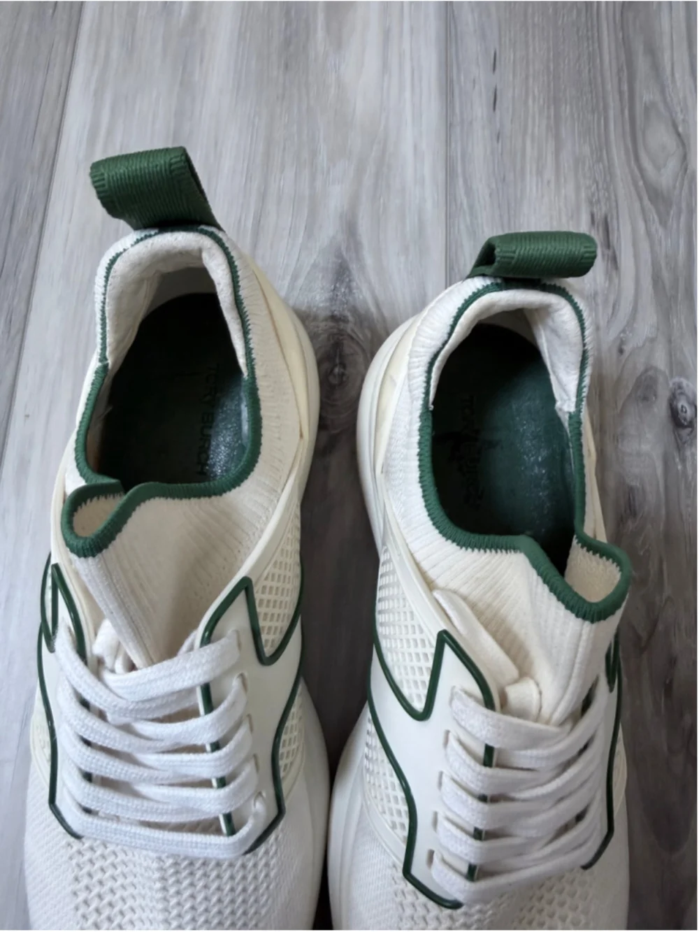 Tory Burch Good Luck Trainer Sneakers Womens 8.5 White Green Knit Athletic Shoes